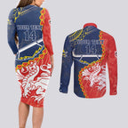 Custom Dragons And Cowboys Rugby Couples Matching Long Sleeve Bodycon Dress and Long Sleeve Button Shirt Aboriginal Mix Polynesian Pattern