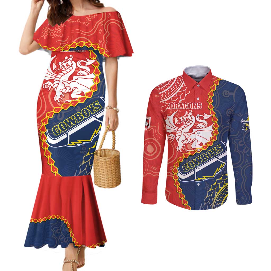 Custom Dragons And Cowboys Rugby Couples Matching Mermaid Dress and Long Sleeve Button Shirt Aboriginal Mix Polynesian Pattern
