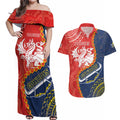 Custom Dragons And Cowboys Rugby Couples Matching Off Shoulder Maxi Dress and Hawaiian Shirt Aboriginal Mix Polynesian Pattern