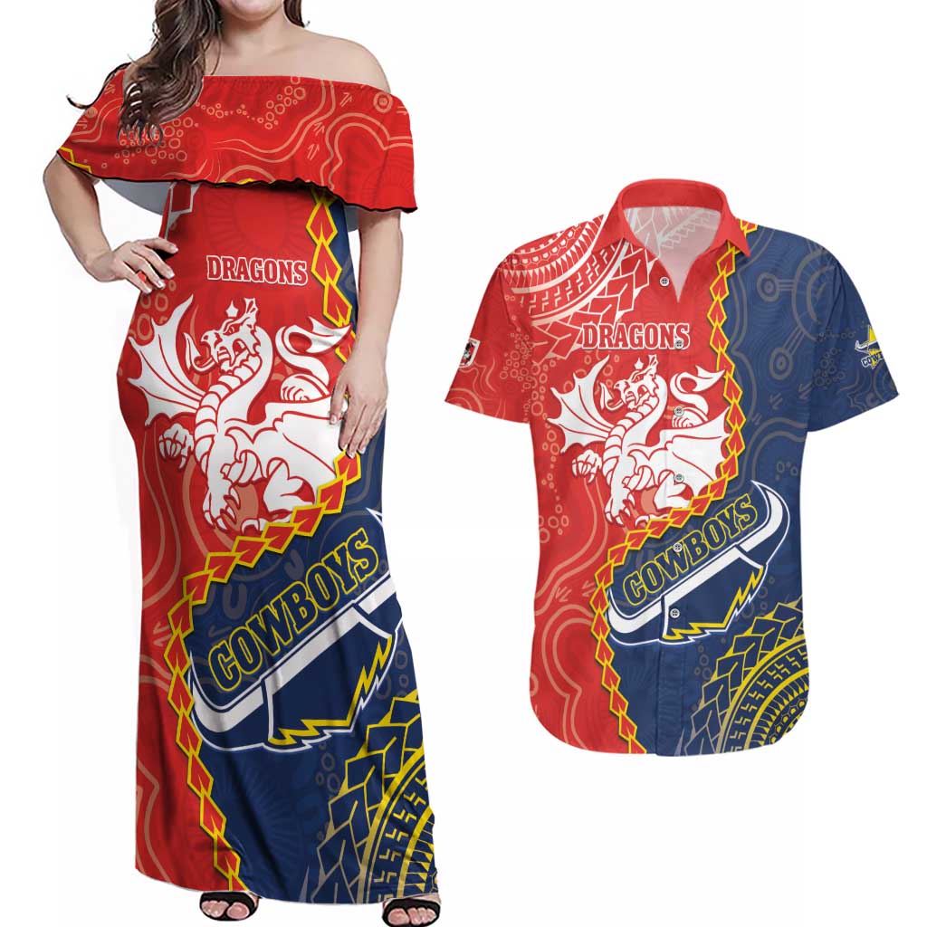 Custom Dragons And Cowboys Rugby Couples Matching Off Shoulder Maxi Dress and Hawaiian Shirt Aboriginal Mix Polynesian Pattern