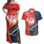Custom Dragons And Cowboys Rugby Couples Matching Off Shoulder Maxi Dress and Hawaiian Shirt Aboriginal Mix Polynesian Pattern