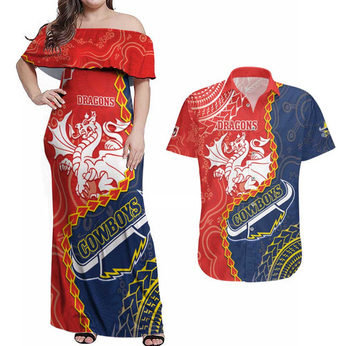 Custom Dragons And Cowboys Rugby Couples Matching Off Shoulder Maxi Dress and Hawaiian Shirt Aboriginal Mix Polynesian Pattern