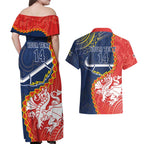 Custom Dragons And Cowboys Rugby Couples Matching Off Shoulder Maxi Dress and Hawaiian Shirt Aboriginal Mix Polynesian Pattern