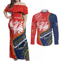 Custom Dragons And Cowboys Rugby Couples Matching Off Shoulder Maxi Dress and Long Sleeve Button Shirt Aboriginal Mix Polynesian Pattern