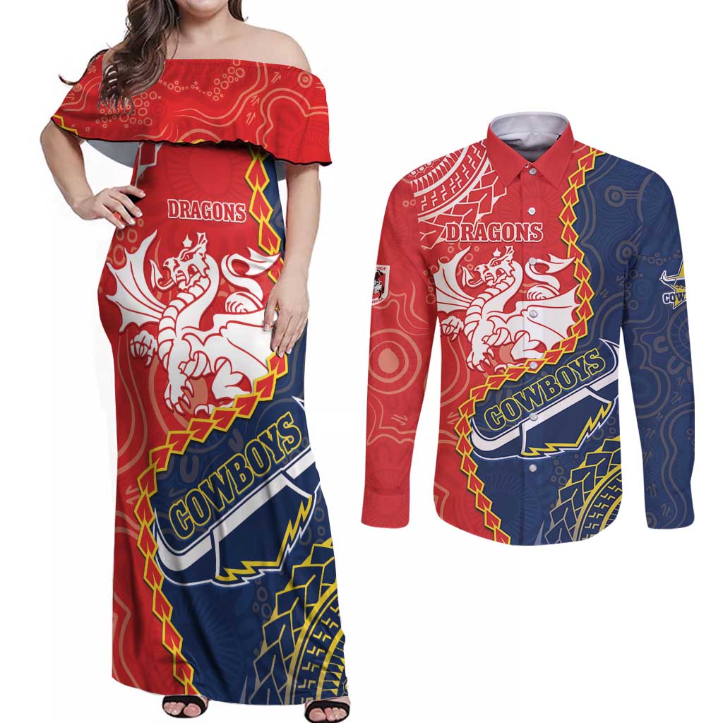 Custom Dragons And Cowboys Rugby Couples Matching Off Shoulder Maxi Dress and Long Sleeve Button Shirt Aboriginal Mix Polynesian Pattern