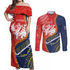 Custom Dragons And Cowboys Rugby Couples Matching Off Shoulder Maxi Dress and Long Sleeve Button Shirt Aboriginal Mix Polynesian Pattern