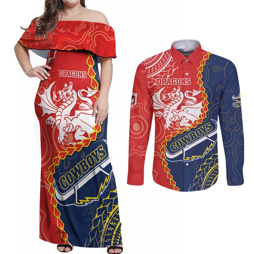 Custom Dragons And Cowboys Rugby Couples Matching Off Shoulder Maxi Dress and Long Sleeve Button Shirt Aboriginal Mix Polynesian Pattern