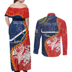 Custom Dragons And Cowboys Rugby Couples Matching Off Shoulder Maxi Dress and Long Sleeve Button Shirt Aboriginal Mix Polynesian Pattern