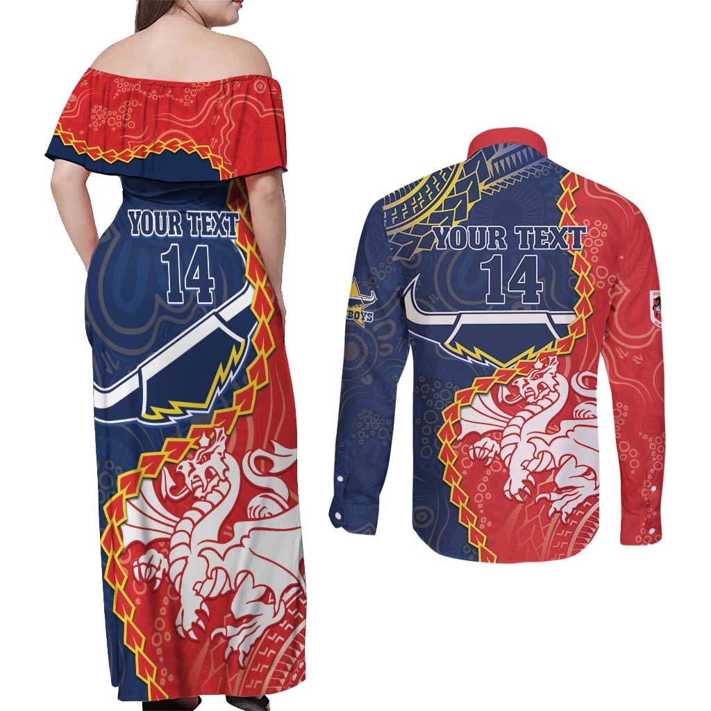 Custom Dragons And Cowboys Rugby Couples Matching Off Shoulder Maxi Dress and Long Sleeve Button Shirt Aboriginal Mix Polynesian Pattern