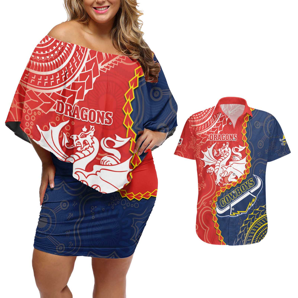 Custom Dragons And Cowboys Rugby Couples Matching Off Shoulder Short Dress and Hawaiian Shirt Aboriginal Mix Polynesian Pattern