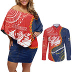 Custom Dragons And Cowboys Rugby Couples Matching Off Shoulder Short Dress and Long Sleeve Button Shirt Aboriginal Mix Polynesian Pattern