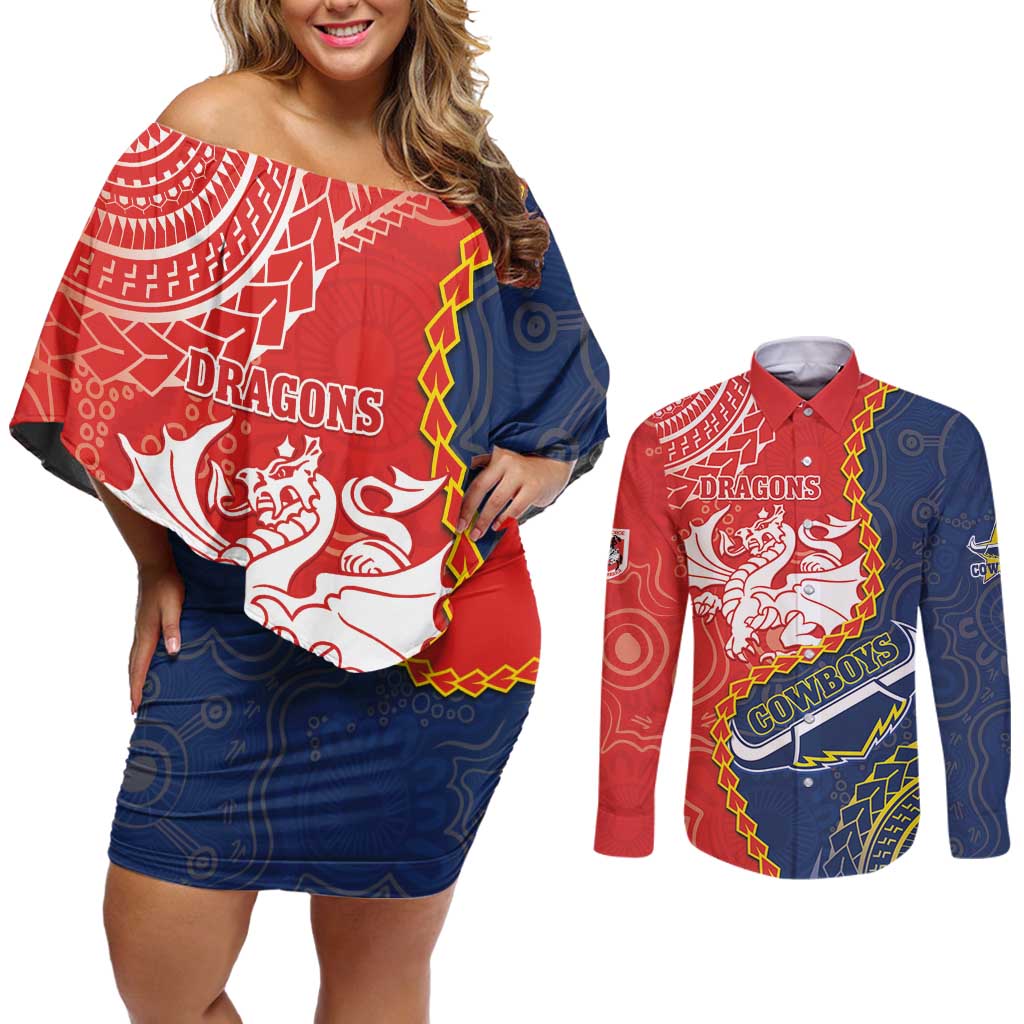 Custom Dragons And Cowboys Rugby Couples Matching Off Shoulder Short Dress and Long Sleeve Button Shirt Aboriginal Mix Polynesian Pattern