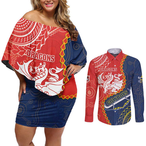 Custom Dragons And Cowboys Rugby Couples Matching Off Shoulder Short Dress and Long Sleeve Button Shirt Aboriginal Mix Polynesian Pattern