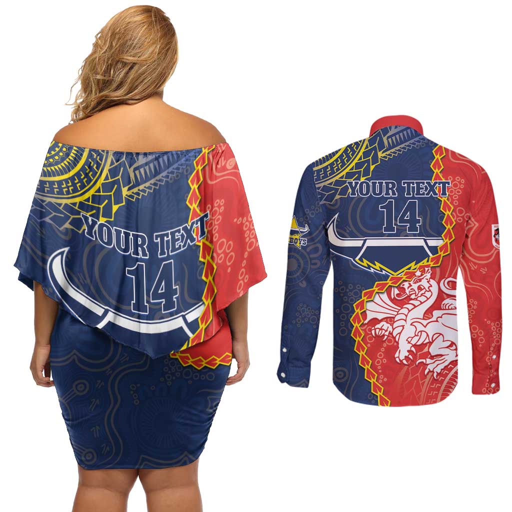 Custom Dragons And Cowboys Rugby Couples Matching Off Shoulder Short Dress and Long Sleeve Button Shirt Aboriginal Mix Polynesian Pattern