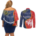 Custom Dragons And Cowboys Rugby Couples Matching Off Shoulder Short Dress and Long Sleeve Button Shirt Aboriginal Mix Polynesian Pattern