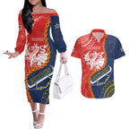 Custom Dragons And Cowboys Rugby Couples Matching Off The Shoulder Long Sleeve Dress and Hawaiian Shirt Aboriginal Mix Polynesian Pattern