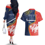 Custom Dragons And Cowboys Rugby Couples Matching Off The Shoulder Long Sleeve Dress and Hawaiian Shirt Aboriginal Mix Polynesian Pattern