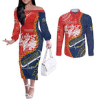 Custom Dragons And Cowboys Rugby Couples Matching Off The Shoulder Long Sleeve Dress and Long Sleeve Button Shirt Aboriginal Mix Polynesian Pattern
