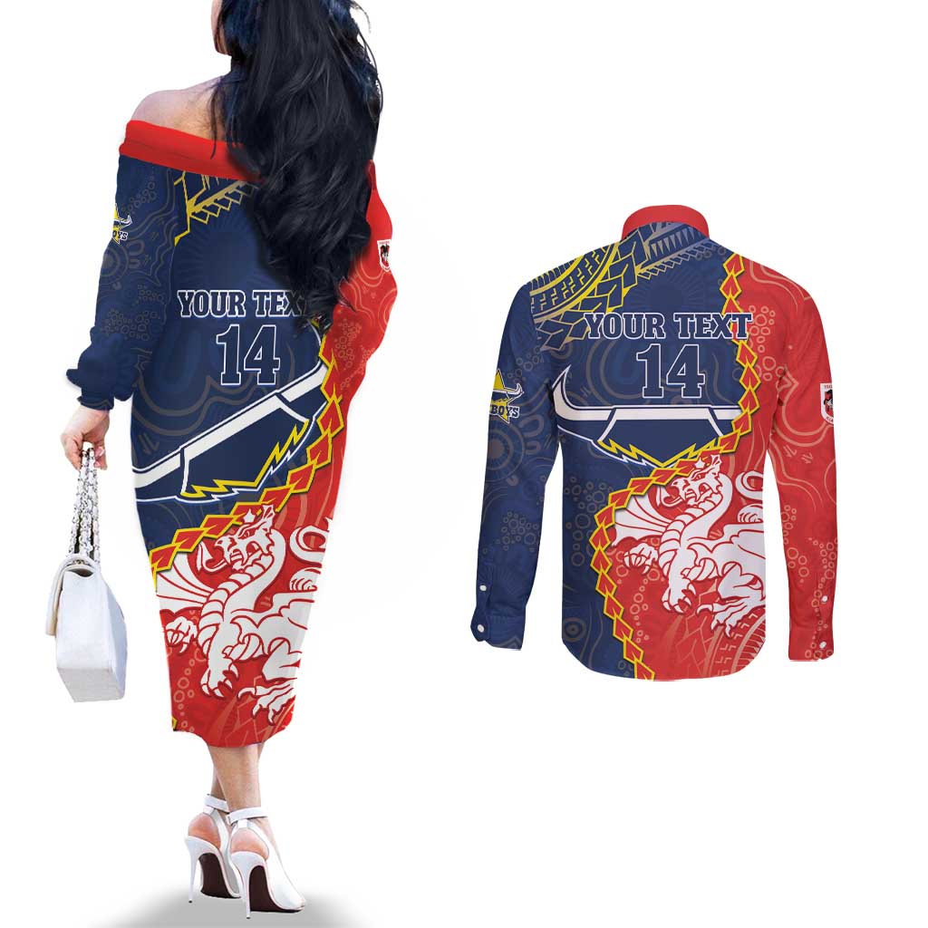 Custom Dragons And Cowboys Rugby Couples Matching Off The Shoulder Long Sleeve Dress and Long Sleeve Button Shirt Aboriginal Mix Polynesian Pattern