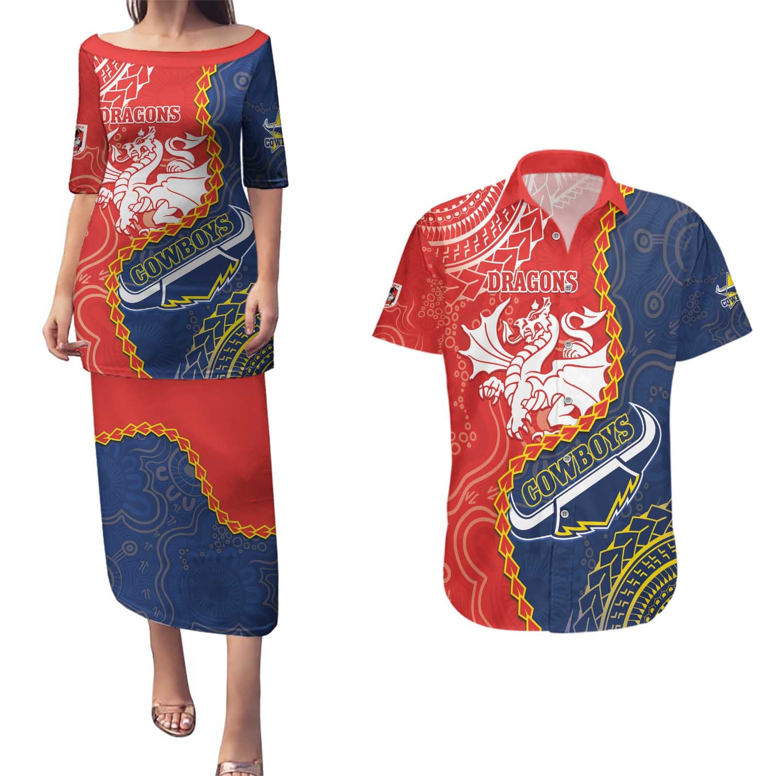 Custom Dragons And Cowboys Rugby Couples Matching Puletasi and Hawaiian Shirt Aboriginal Mix Polynesian Pattern