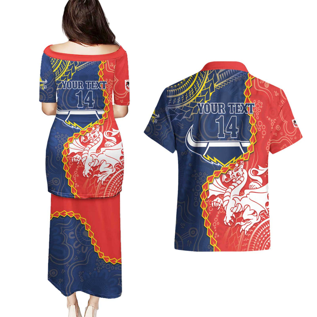 Custom Dragons And Cowboys Rugby Couples Matching Puletasi and Hawaiian Shirt Aboriginal Mix Polynesian Pattern