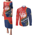 Custom Dragons And Cowboys Rugby Couples Matching Puletasi and Long Sleeve Button Shirt Aboriginal Mix Polynesian Pattern