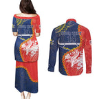 Custom Dragons And Cowboys Rugby Couples Matching Puletasi and Long Sleeve Button Shirt Aboriginal Mix Polynesian Pattern