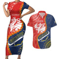 Custom Dragons And Cowboys Rugby Couples Matching Short Sleeve Bodycon Dress and Hawaiian Shirt Aboriginal Mix Polynesian Pattern