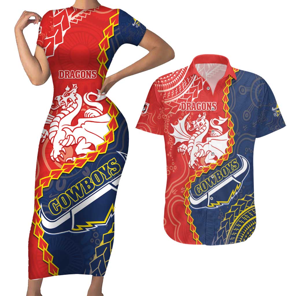 Custom Dragons And Cowboys Rugby Couples Matching Short Sleeve Bodycon Dress and Hawaiian Shirt Aboriginal Mix Polynesian Pattern