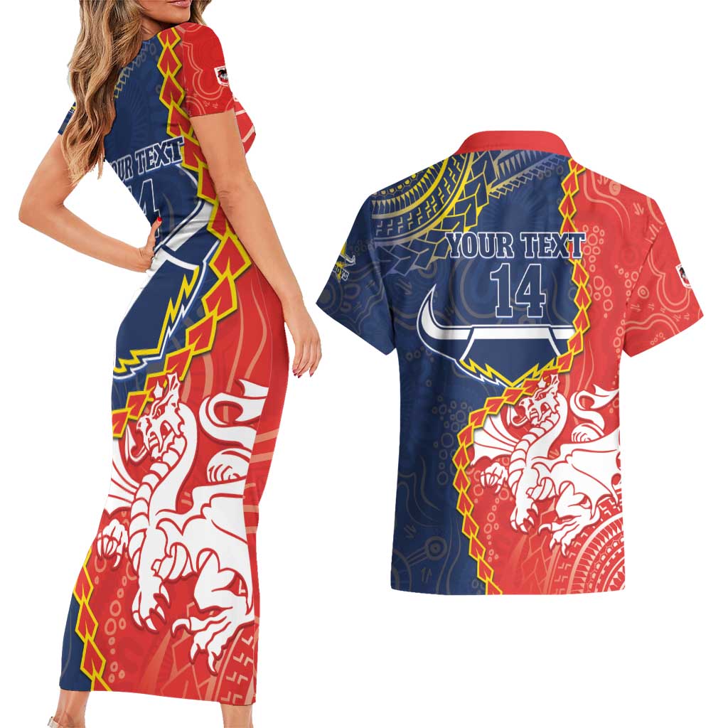 Custom Dragons And Cowboys Rugby Couples Matching Short Sleeve Bodycon Dress and Hawaiian Shirt Aboriginal Mix Polynesian Pattern