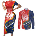 Custom Dragons And Cowboys Rugby Couples Matching Short Sleeve Bodycon Dress and Long Sleeve Button Shirt Aboriginal Mix Polynesian Pattern