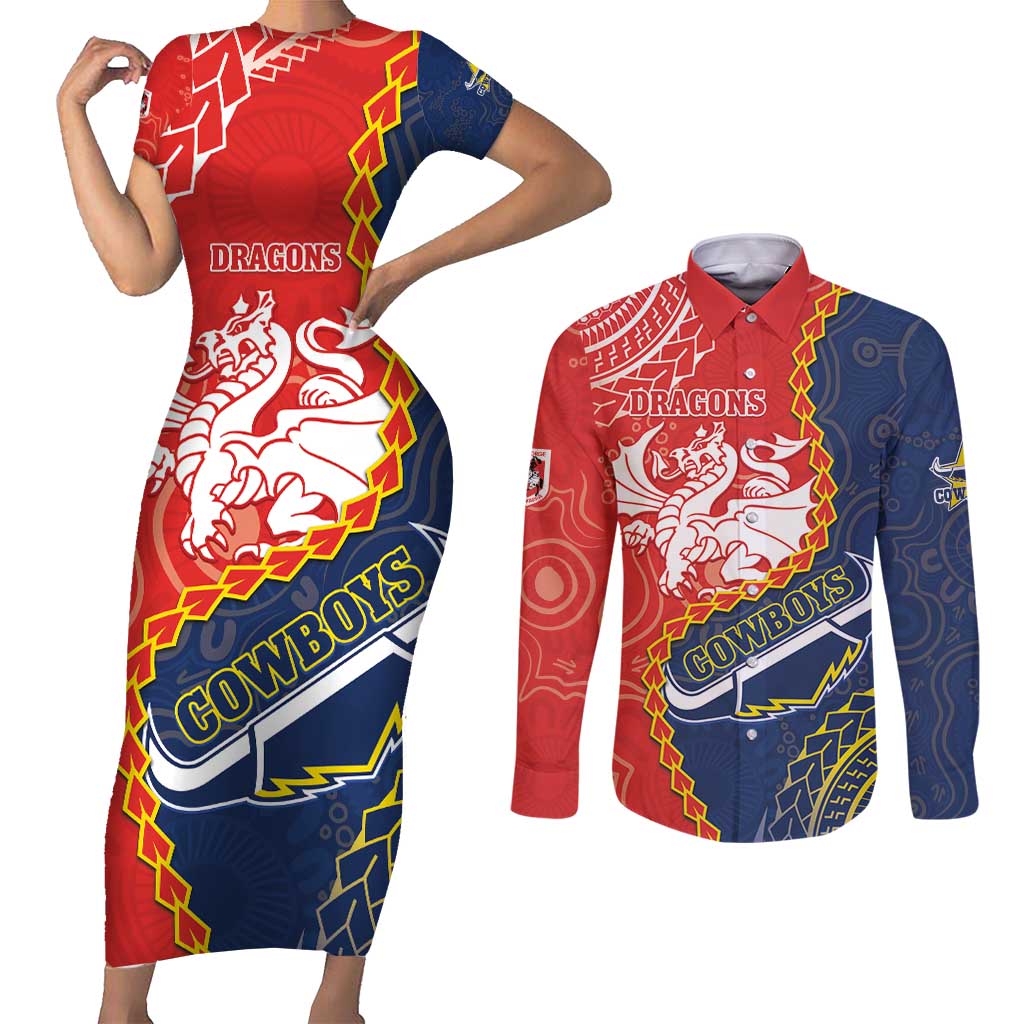Custom Dragons And Cowboys Rugby Couples Matching Short Sleeve Bodycon Dress and Long Sleeve Button Shirt Aboriginal Mix Polynesian Pattern