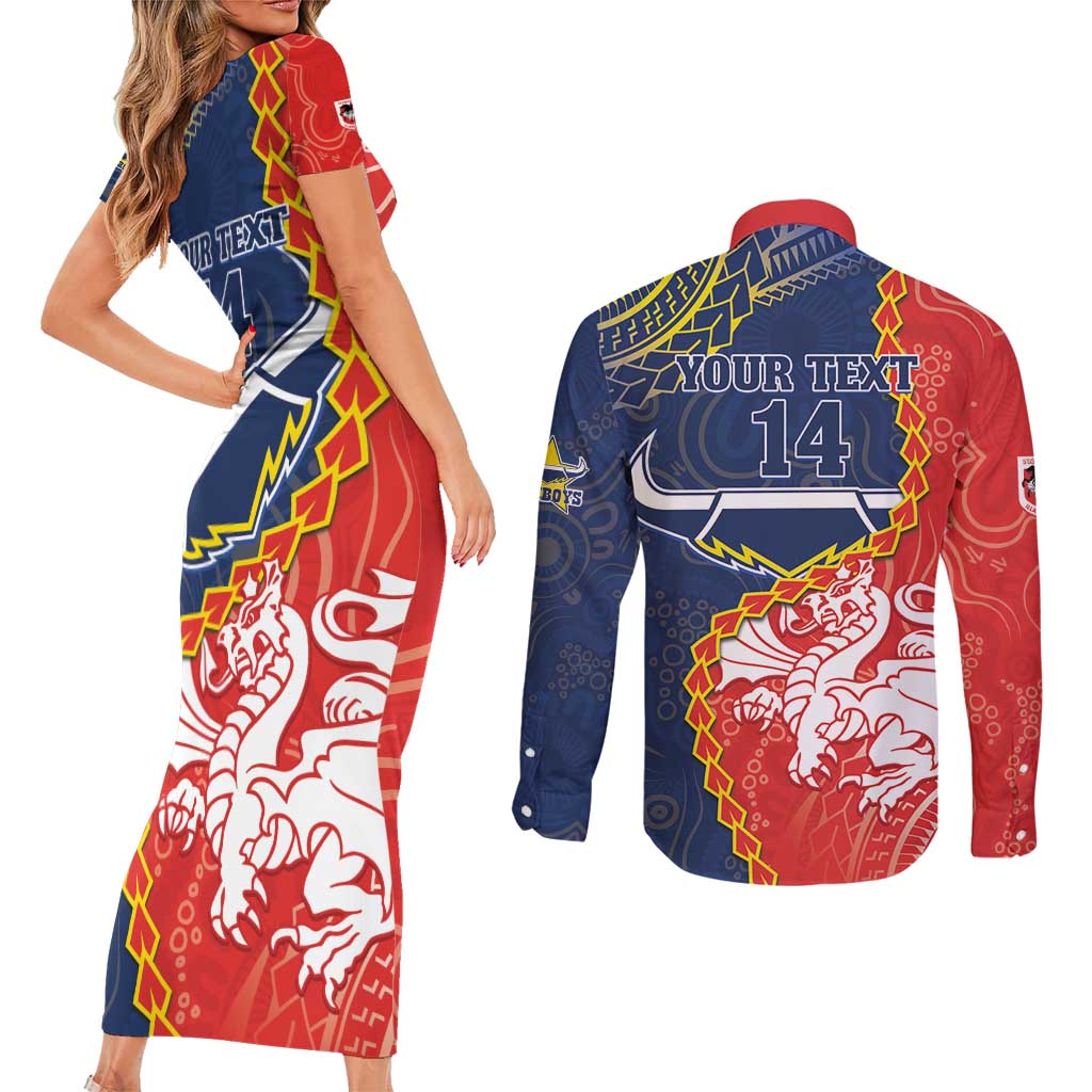 Custom Dragons And Cowboys Rugby Couples Matching Short Sleeve Bodycon Dress and Long Sleeve Button Shirt Aboriginal Mix Polynesian Pattern