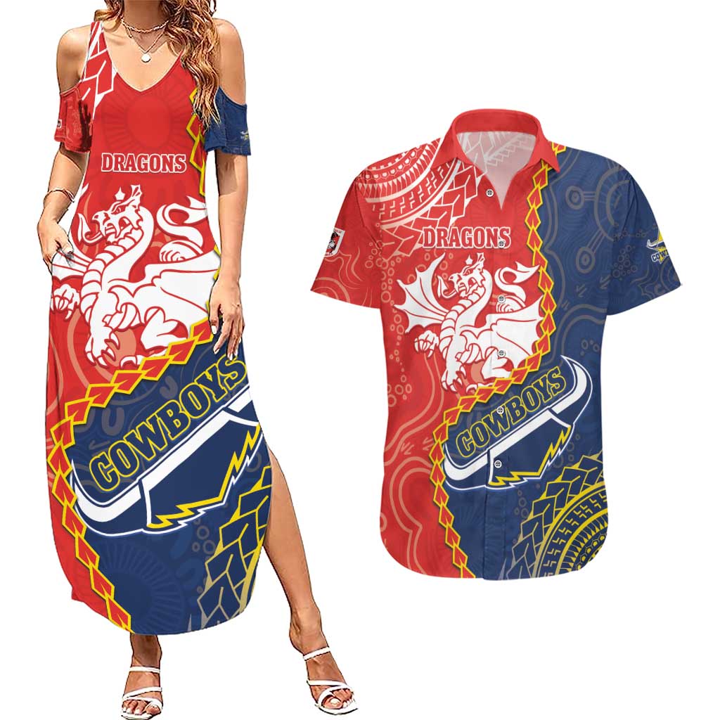 Custom Dragons And Cowboys Rugby Couples Matching Summer Maxi Dress and Hawaiian Shirt Aboriginal Mix Polynesian Pattern
