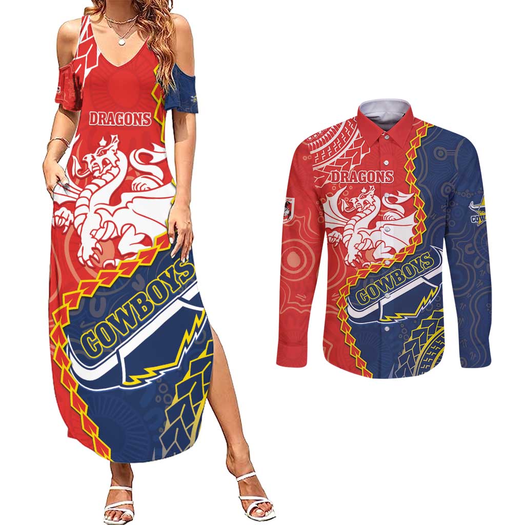 Custom Dragons And Cowboys Rugby Couples Matching Summer Maxi Dress and Long Sleeve Button Shirt Aboriginal Mix Polynesian Pattern