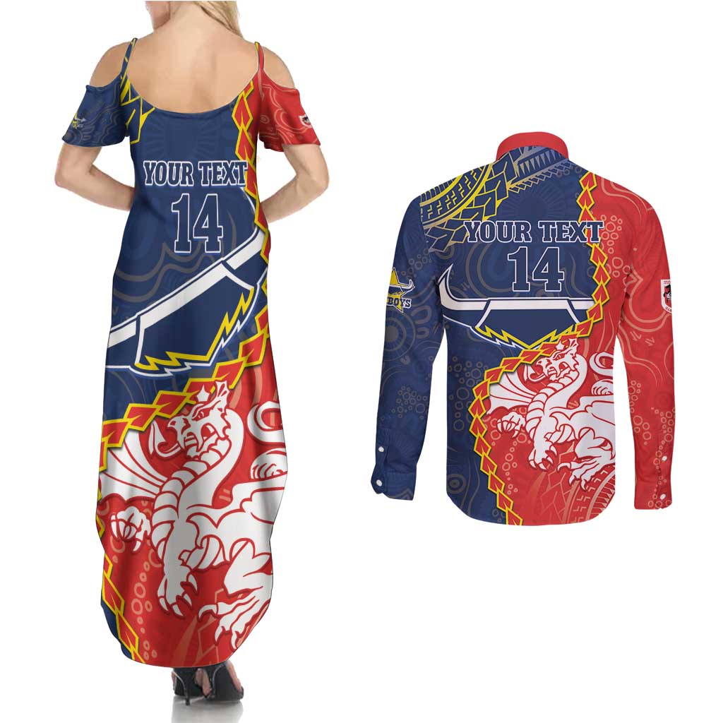 Custom Dragons And Cowboys Rugby Couples Matching Summer Maxi Dress and Long Sleeve Button Shirt Aboriginal Mix Polynesian Pattern