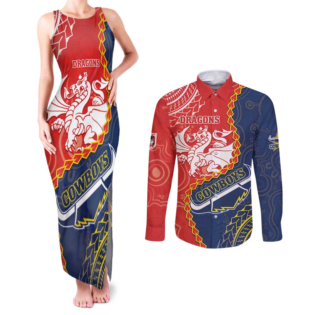 Custom Dragons And Cowboys Rugby Couples Matching Tank Maxi Dress and Long Sleeve Button Shirt Aboriginal Mix Polynesian Pattern