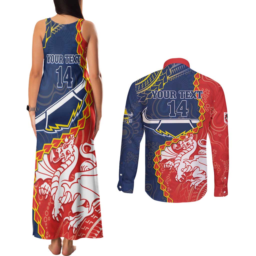 Custom Dragons And Cowboys Rugby Couples Matching Tank Maxi Dress and Long Sleeve Button Shirt Aboriginal Mix Polynesian Pattern