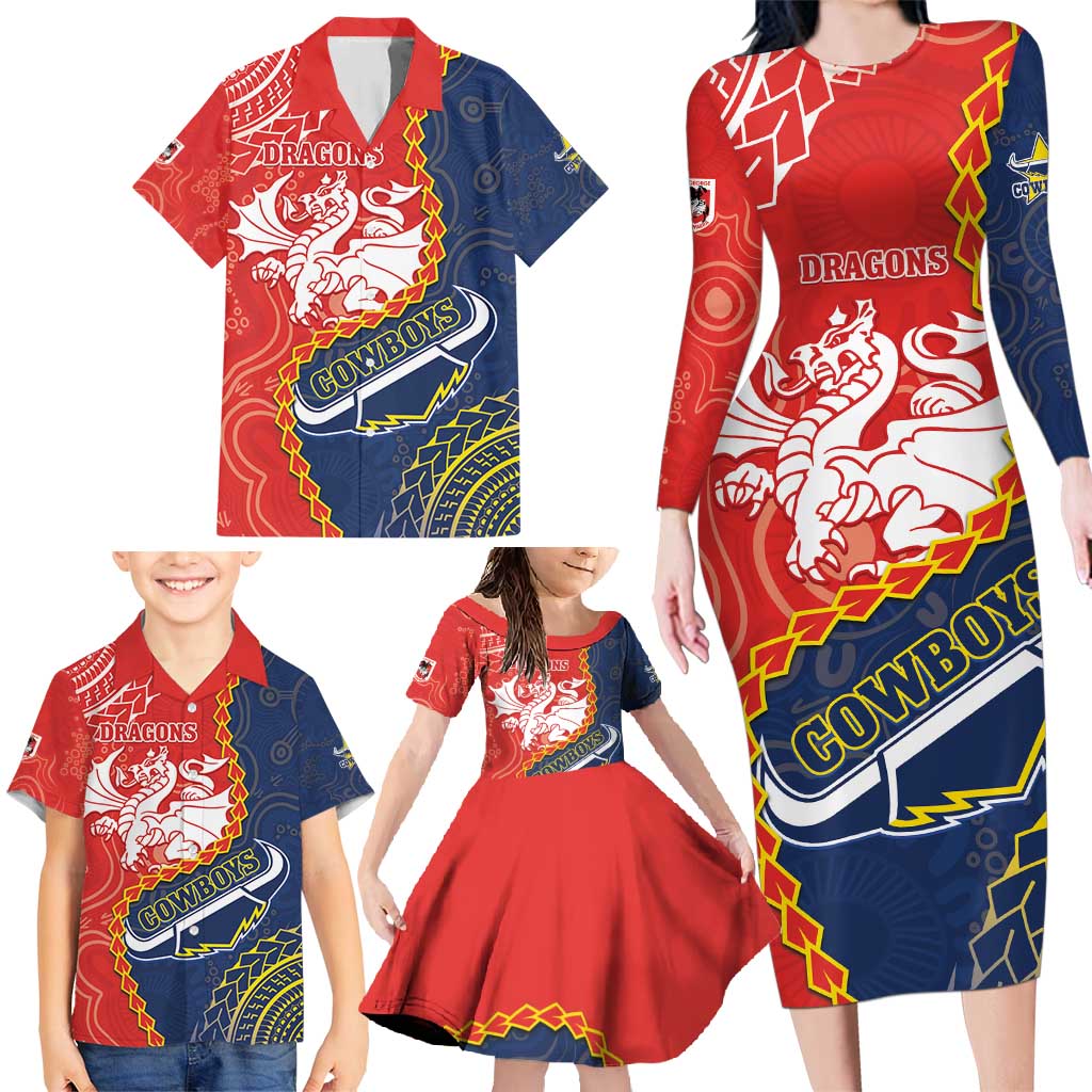 Custom Dragons And Cowboys Rugby Family Matching Long Sleeve Bodycon Dress and Hawaiian Shirt Aboriginal Mix Polynesian Pattern