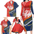 Custom Dragons And Cowboys Rugby Family Matching Long Sleeve Bodycon Dress and Hawaiian Shirt Aboriginal Mix Polynesian Pattern