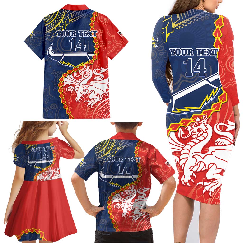 Custom Dragons And Cowboys Rugby Family Matching Long Sleeve Bodycon Dress and Hawaiian Shirt Aboriginal Mix Polynesian Pattern