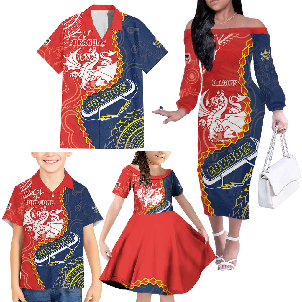 Custom Dragons And Cowboys Rugby Family Matching Off The Shoulder Long Sleeve Dress and Hawaiian Shirt Aboriginal Mix Polynesian Pattern