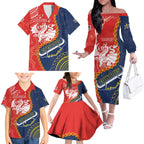 Custom Dragons And Cowboys Rugby Family Matching Off The Shoulder Long Sleeve Dress and Hawaiian Shirt Aboriginal Mix Polynesian Pattern