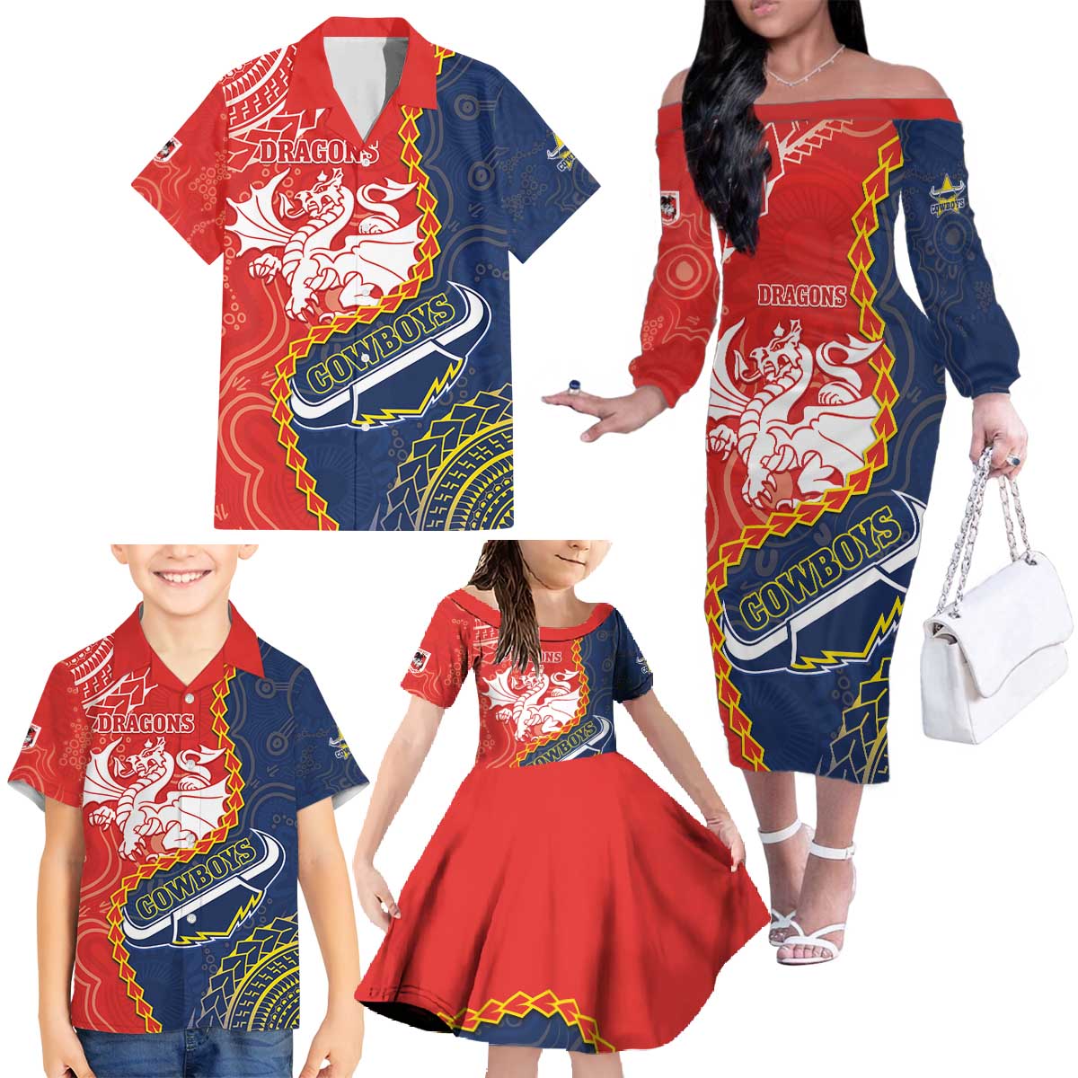 Custom Dragons And Cowboys Rugby Family Matching Off The Shoulder Long Sleeve Dress and Hawaiian Shirt Aboriginal Mix Polynesian Pattern