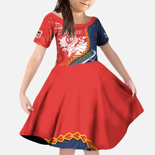 Custom Dragons And Cowboys Rugby Family Matching Off The Shoulder Long Sleeve Dress and Hawaiian Shirt Aboriginal Mix Polynesian Pattern