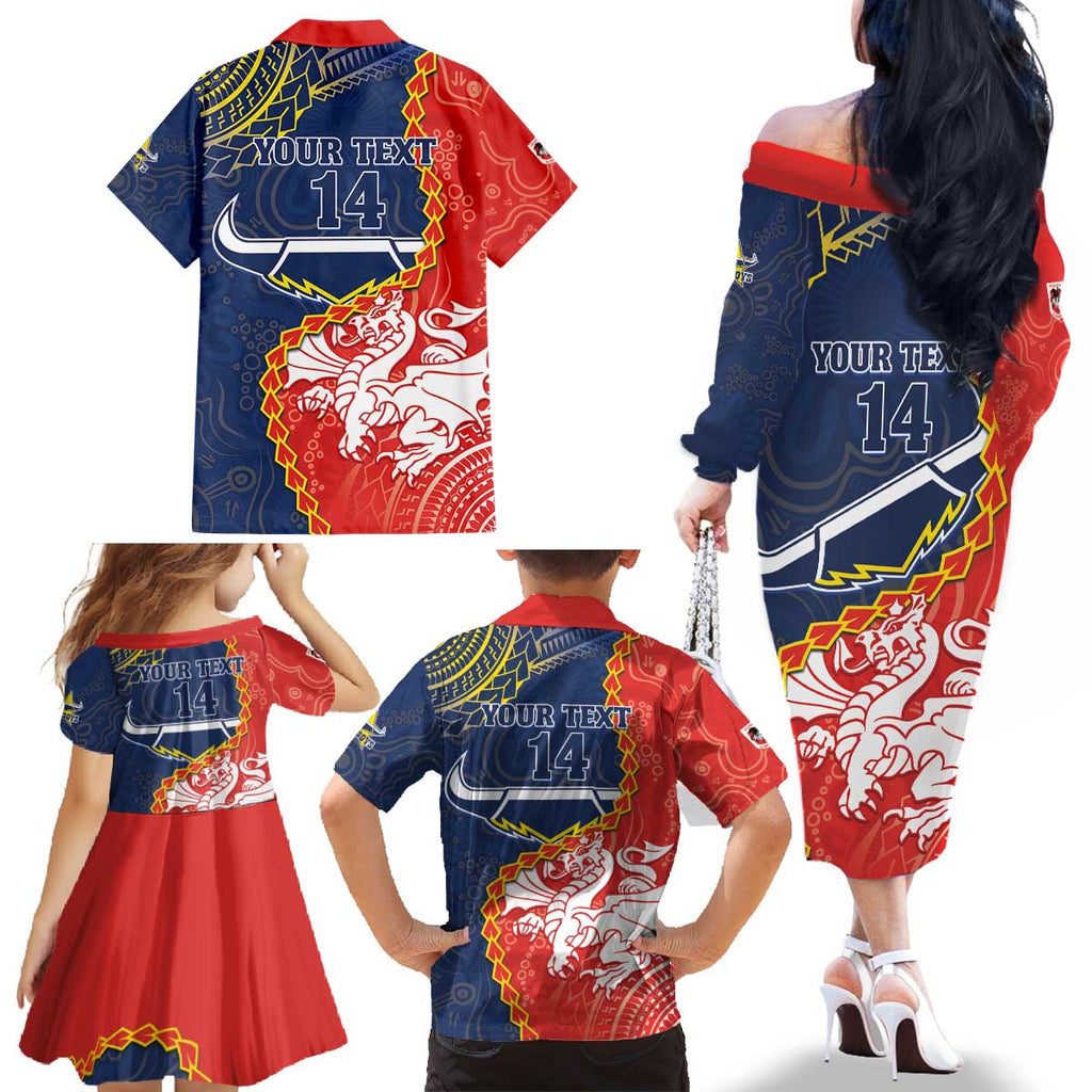 Custom Dragons And Cowboys Rugby Family Matching Off The Shoulder Long Sleeve Dress and Hawaiian Shirt Aboriginal Mix Polynesian Pattern