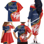 Custom Dragons And Cowboys Rugby Family Matching Off The Shoulder Long Sleeve Dress and Hawaiian Shirt Aboriginal Mix Polynesian Pattern