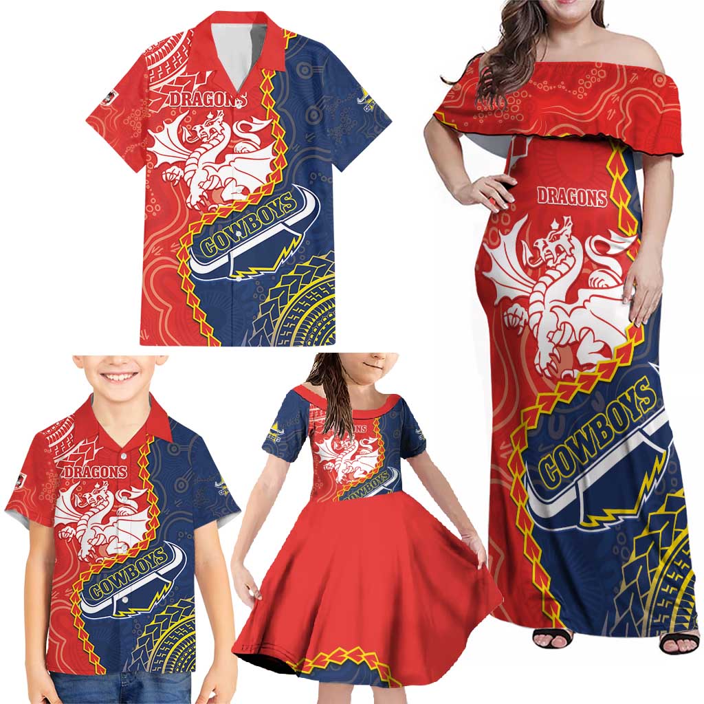 Custom Dragons And Cowboys Rugby Family Matching Off Shoulder Maxi Dress and Hawaiian Shirt Aboriginal Mix Polynesian Pattern