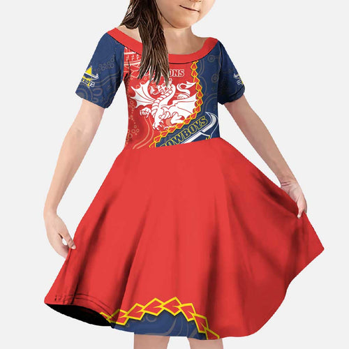 Custom Dragons And Cowboys Rugby Family Matching Off Shoulder Maxi Dress and Hawaiian Shirt Aboriginal Mix Polynesian Pattern