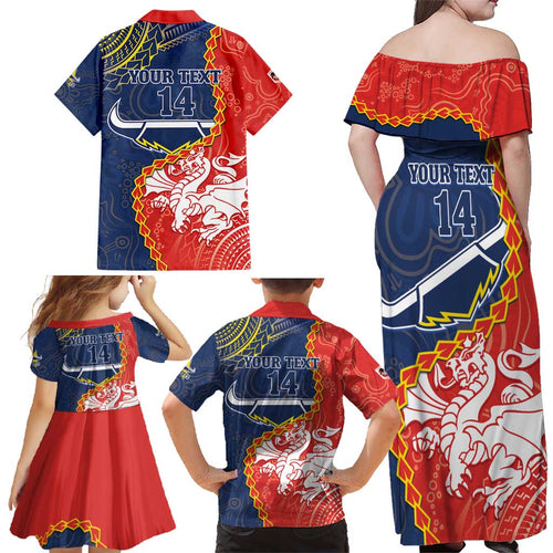 Custom Dragons And Cowboys Rugby Family Matching Off Shoulder Maxi Dress and Hawaiian Shirt Aboriginal Mix Polynesian Pattern